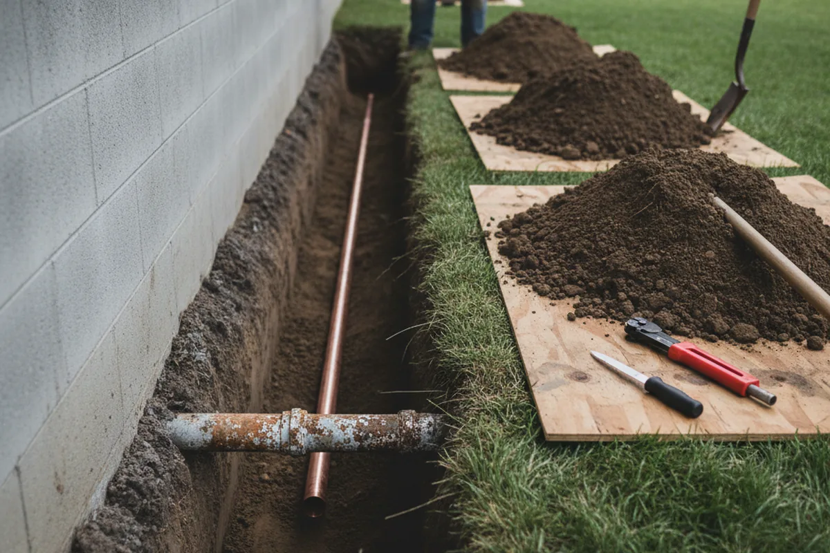 Excavated water line trench during Sewer Line Repair in Mickleton